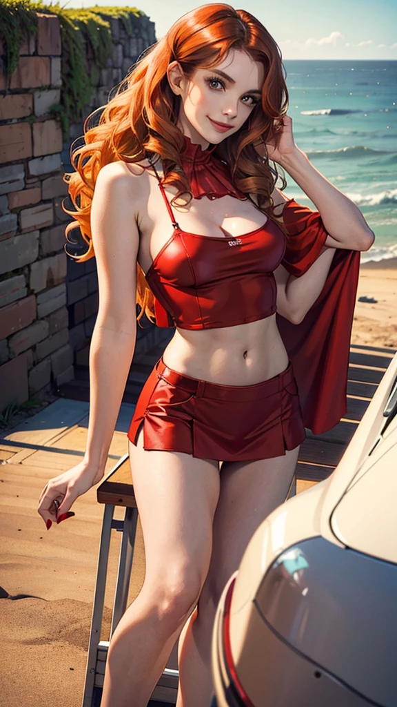  beautiful woman, Caucasian woman、The hair color is brown、Brown eyes、by the wide,  hair is wavy、smile、A slender but well-proportioned female body.、Using red nail polish、Wearing a camisole、She is wearing a pleated miniskirt、It is on a hill overlooking the sea coast 