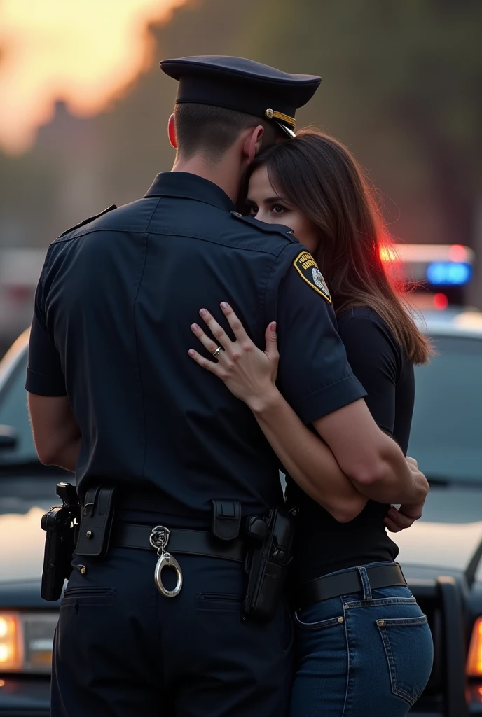wounded cop movie scene, trimmed beard, brawny, bonitas, police woman helping, Attraction, fear