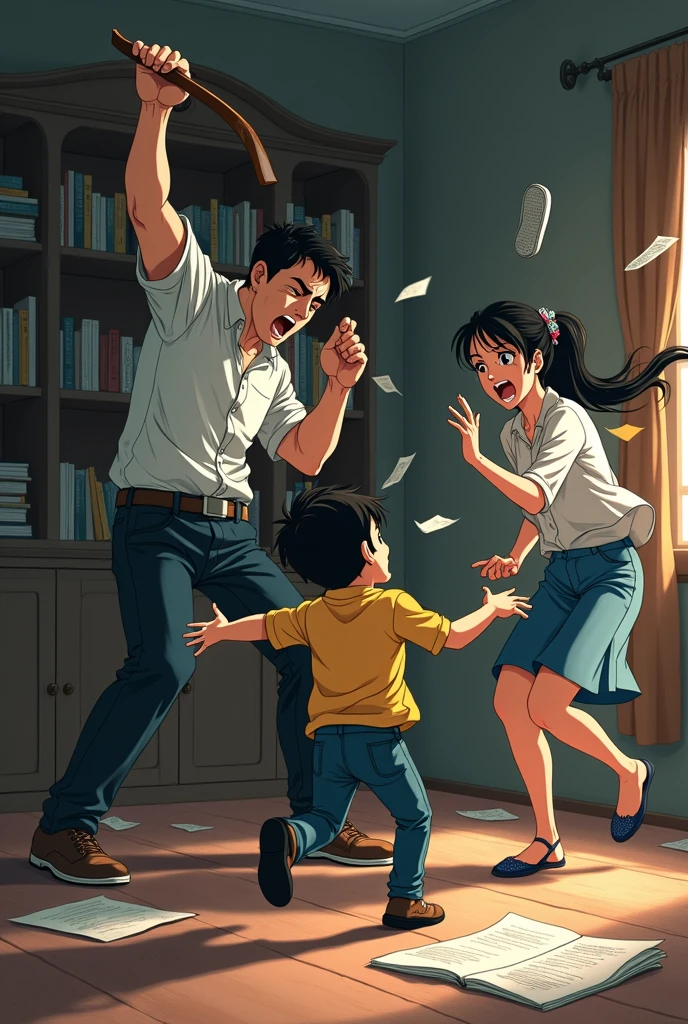 Create a tense and dramatic Studio Ghibli-style scene at a dinner table. One of the husbands, filled with rage, is standing and smashing plates and glasses on the table, his face contorted in anger. The other family members, including the sisters, parents, and spouses, react with shock and fear, their expressions showing the escalating conflict. Broken dishes and shattered glass scatter across the table, with food and drinks spilled. The lighting is more intense, emphasizing the chaotic and emotional atmosphere, while the background still features the warm, cozy dining room, now disrupted by the violent outburst