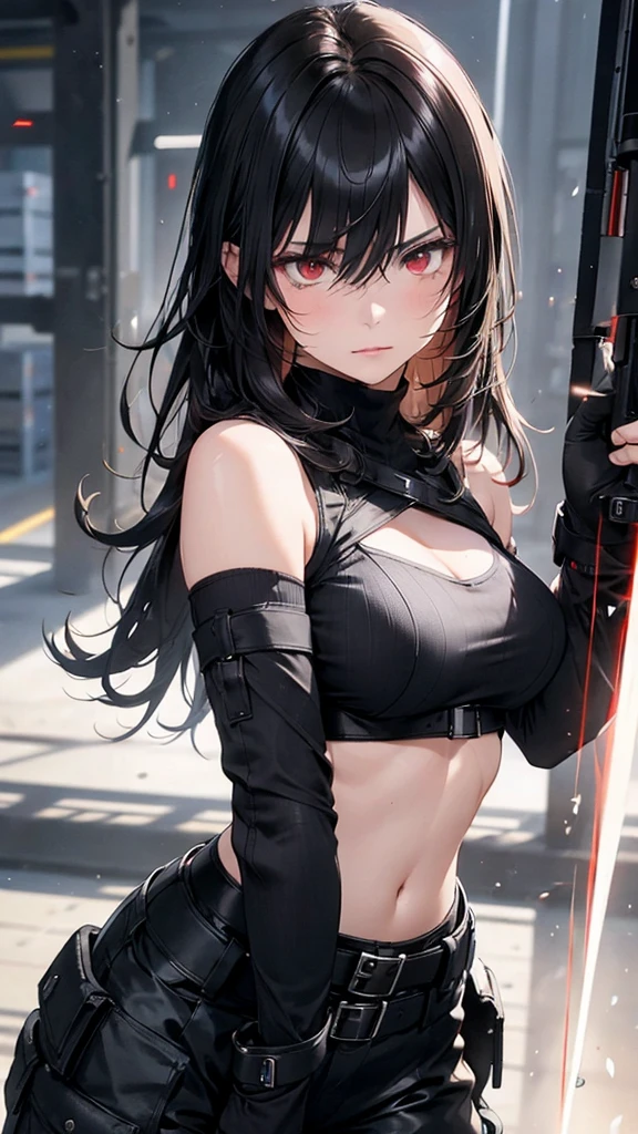 make a beautiful gothic blasian female gunslinger with katanas attached to her back. she has on leather pants, her hair is in a shoulder length bob and she has red eyes. 1800s