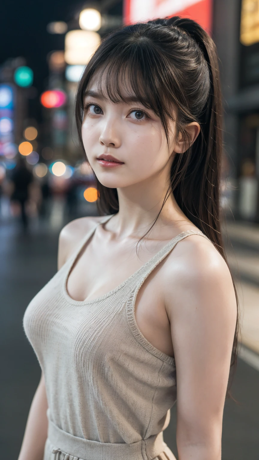 Single girl, summer, city, Osaka street, evening, city lights, medium body shot, close-up, 8k, RAW photo, highest quality, masterpiece, real, photorealistic, breast, open shoulder, long hair, knit strap tanktop,((Looking at viewer)), High Resolution,Award Winning, Realism, (facing view front)