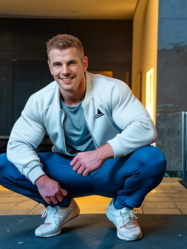 2men, masterpiece, best quality, photography of (squatting jock) and his friend,who (standing behind the jock). adult, muscular, manly, fit body, training suite, short hair, short stubble, sweat pants, t-shirt, sport-jacket, white socks, sneakers,  smirking, 
masculine energy, both are looking into camera,
narrow street, cityscape, evening, sunset, messy,
dynamic light, dynamic shadow, detailed background, front view, hero view, HDR, (two men in shot:1.5)