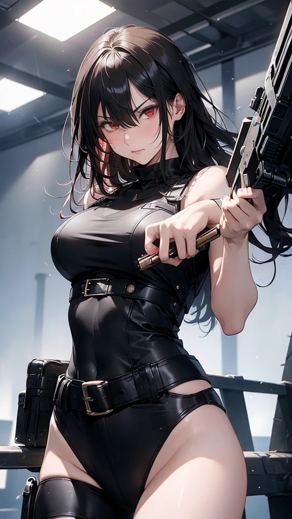 ((masterpiece)), ((best quality)), (ultra-detailed), NSFW, ((torture chamber)),a cute girl, 1girl, solo, (white mini tanktop dress),(chain bound arms), (both hands are bound and is hung from the ceiling),bdsm,shibari,restrained,((thin waist)),(((single belt bound waist))),beautiful black hair, beautiful black eyes, (beautiful eyes), long hair,troubled expression