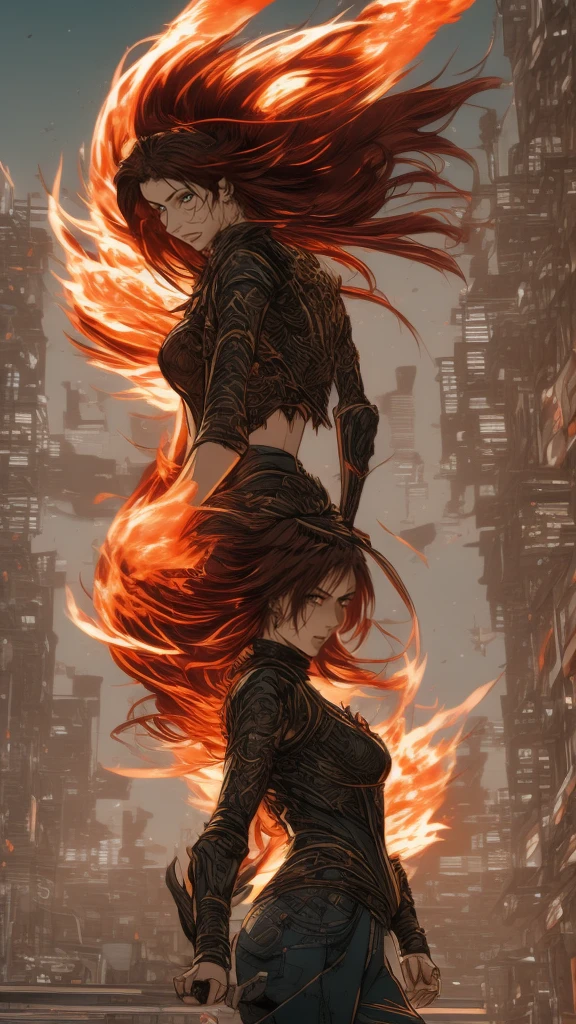 An illustration of a fierce character with fiery red hair, in the style of Molecular, Al Capp, intense and powerful, photo-enhanced, cyberpunk genre, fiery red --ar 48:85 --niji 5