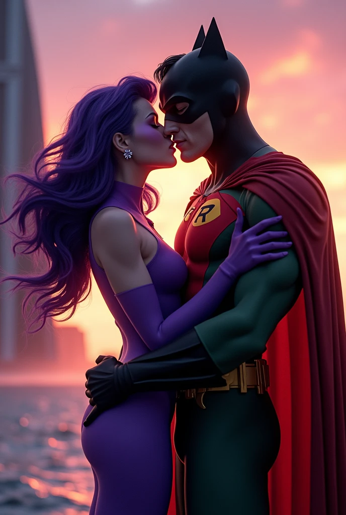 kiss, hetero, couple, romantic, neon, cheating, detailed face, detailed body, bedroom. beast boy (teen titans), green haired male, green eyes, green skinned muscular male, clothed male, bare chested. stafire (teen titans), muscular female, statuesque, slim, curvy, fit, narrow waist, small waist, wide hips, big breasts, sexy, sensual, orange skinned female, colored skin, long red hair, purple tight outfit