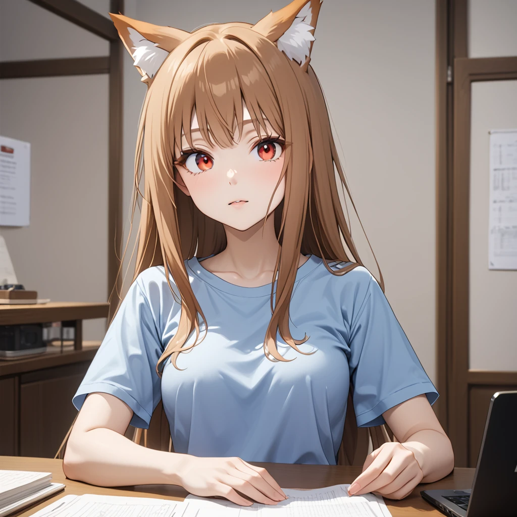 Red eyes，Holo，Fox ears,Blouse t-shirt.