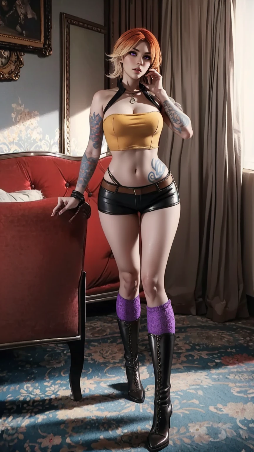 1girl, 1girl, combining elements of Yang Xiao Long from "RWBY" and Lilith from "Borderlands", beautiful detailed eyes, beautiful detailed lips, extremely detailed face and portrait, long eyelashes, flowing golden hair, lilac/violet eyes, crop top, short shorts, wearing flat heeled boots, tattoos, glowing blue markings, posing confidently, fantasy landscape, ancient ruins, sunlight, volumetric lighting, cinematic, award winning digital art, intricate details, highly detailed, hyper realistic, 8k, masterpiece, (wide angle), (full length portrait), lilithbl2, bhands, bare shoulders, halter neck