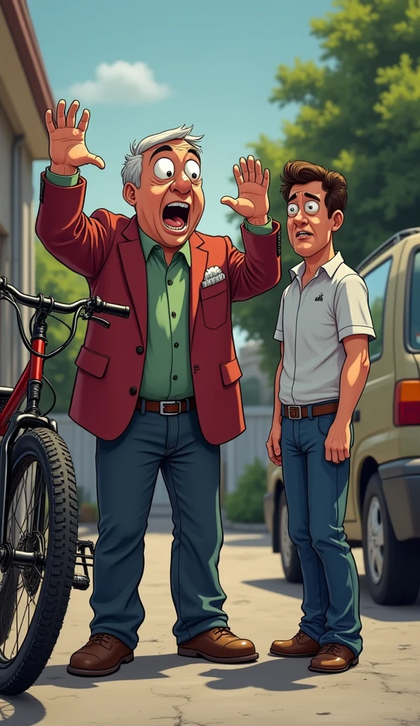 Comic-style drawing showing a cyclist falling off their bike while looking at a very sexy girl with large breasts.
