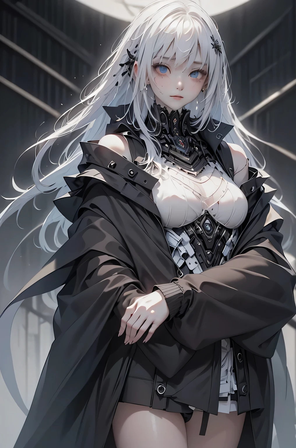 、masterpiece:1.5, bestquality, 1girl, classic girl, classic, white hair, black clothing, Mechanical Accessories, Mechanical decoration、A face with cold beauty、Cold Face、Beautiful shoulders、Solemn atmosphere、from the front:1.5、small breasts, beautiful eyes, Heavy cloak、Spread your arms、backlighting.
