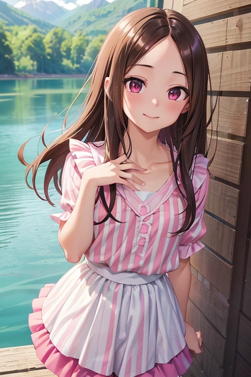 takagi-san、Shiny brown hair, Long Hair,((Medium chest、amount、Center Part:1.2))、 Beautiful brown eyes、smile、Shining Eyes, (fine grain)、Very beautiful eyes、Highly detailed face, Detailed eyes, Cowboy Shot,



Best Quality, (masterpiece:1.3), Absurd, High resolution,16k, 超High resolution, Official Art, illustration,Very detailed, 
One girl, Alone, whole body, 20 years old, 

throw, Standing, 幸せなsmile,
(Magenta Top (Pink vertical stripes:1.3)), (Emerald Green Skirt (White Frill:1.2)), ((Pink and Magenta) , 
Outdoor, (Fantastic Lake:1.5),