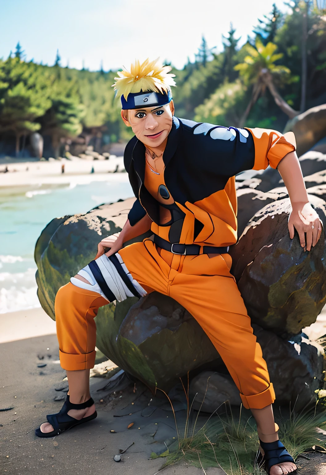 anime characters are posing on rocks on a beach, from naruto, naruto artstyle, anime cosplay, naruto uzumaki, professional cosplay, naruto, cosplay photo, hinata hyuga from naruto, full-cosplay, naruto in gta v, most strongest pose, very cool pose, anime pose, anime style mixed with fujifilm, character photography, cosplay, hinata hyuga