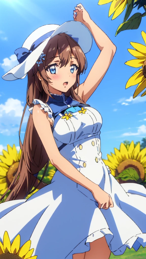 (best quality),(masterpiece),(ultra detailed),(highres),production art,1girl, solo, dress, hat, suomi (girls' frontline), blue eyes, dark brown hair, long hair, flower, sky, white dress, hair ornament, blue sky, cloud, breasts, bangs, outdoors, blush, sunflower, looking at viewer, day, frills, sun hat, sleeveless dress, ribbon, water drop, wind, hand on headwear, medium breasts, frilled dress, sleeveless, bare shoulders, bow,  username, arm up, open mouth, standing,