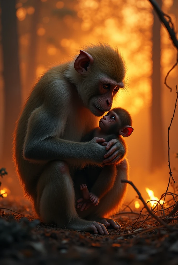 reaction between a AI monkey and a alive monkey, real photo