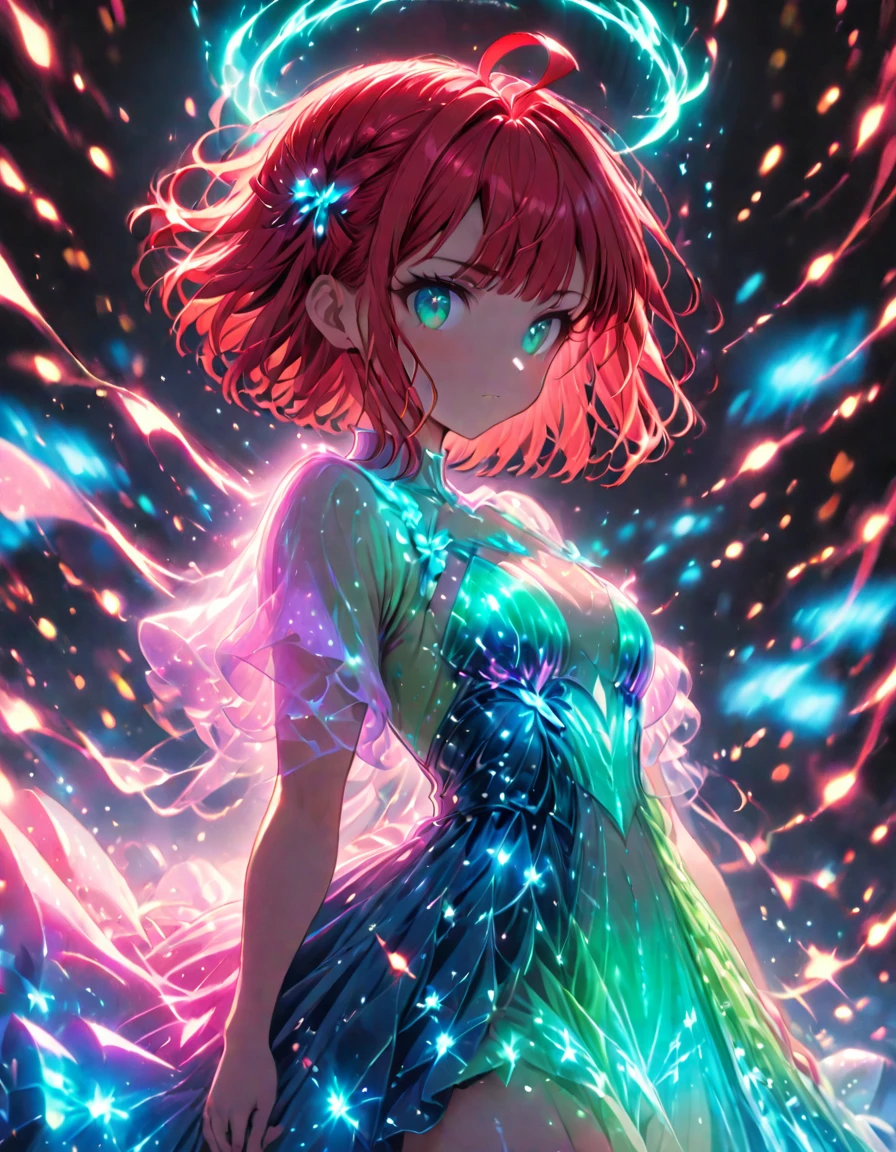 1girl,rubyred hair,bowlcut hair,half circle ahoge,blue green eyes,bioluminescent dress,dark background,cowboy shot