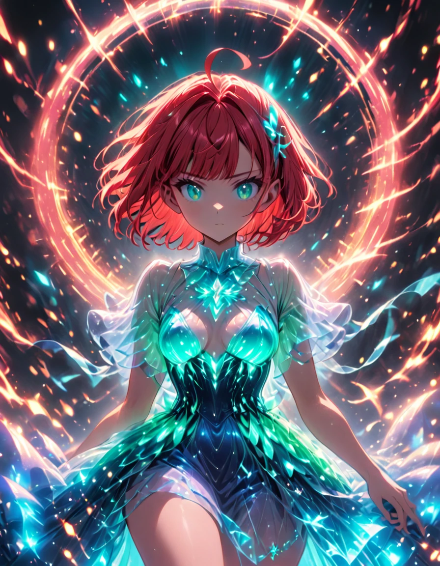 1girl,rubyred hair,bowlcut hair,half circle ahoge,blue green eyes,bioluminescent dress,dark background,cowboy shot