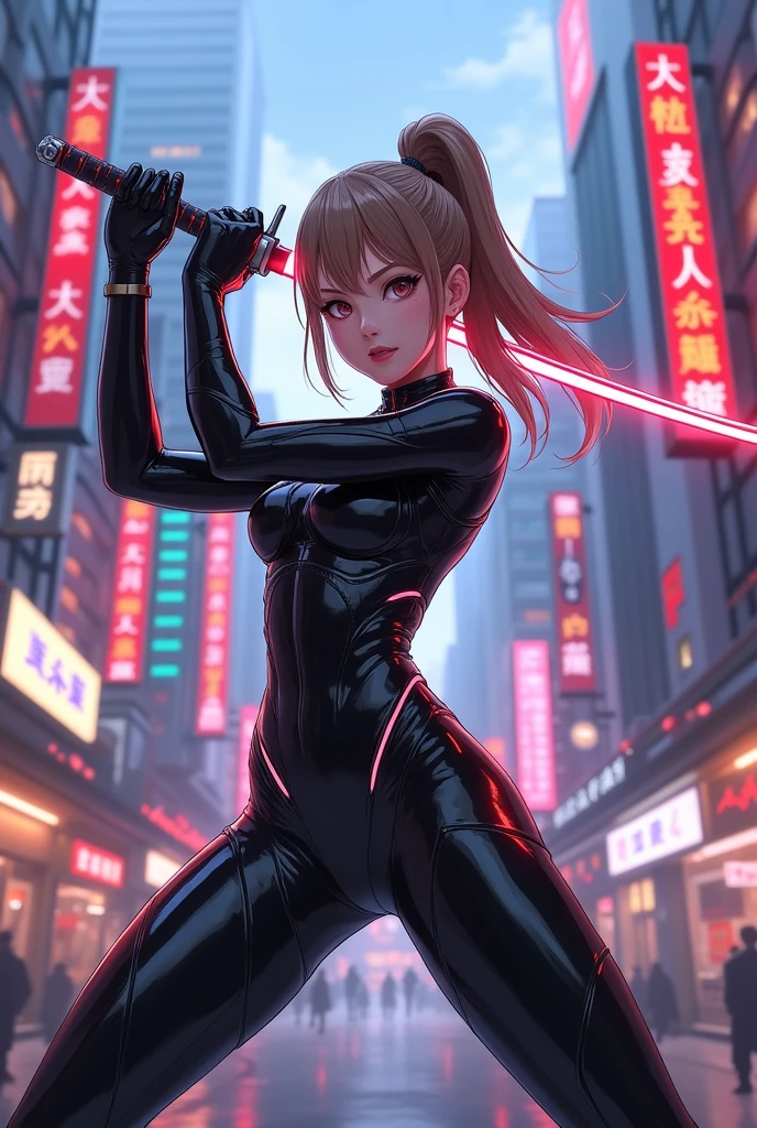 In a dystopian cyberpunk cityscape bathed in neon hues and moonlit shadows, a cyborg female ninja stands out as a stark silhouette. Her face is obscured by an ancient Inari fox mask, adorned with vibrant red lines on a white background, as she hurtles forward at breakneck speed. The wooden mask's intricate details seem to glow with a soft luminescence in the pale moonlight, while her lean, athletic physique appears to be propelled by some unseen force. Against the backdrop of towering skyscrapers, her dark red lips curve into a sly smile, as she strikes a sensual pose, donning a glimmering black leotard and fishnet stockings that seem to shimmer under the city's artificial light. Her long, sharp steel claws glint menacingly, poised to strike in this gritty urban landscape where technology meets primal instincts.