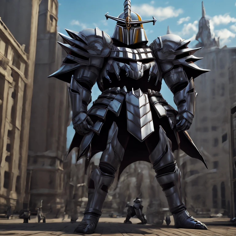 solo, full body, 8K, Menacing knight,
wearing ornate silver armor adorned with spikes and intricate details.
intimidating helmet with a horn and angular design.
anime mech armor, 
full body mecha suit, 
greek god in mecha style, 
cyber fight armor, 
covered in full metal armor, Hyunckel (armor).
white cape.
from behind.
helmet.
full-face helmet.
full plate armor.
no face. Realistic Macro Furries.