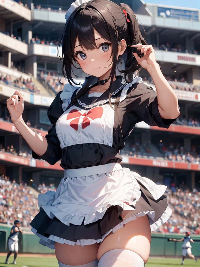 (cheerleaders:1.3)、(stadio:1.5)、(tiny chest:1.4)、Raw photography, top-quality, hight resolution, (masterpiece), (Photorealsitic:1.4), animesque, foco nítido, nffsw, 8K分辨率, intricate detailes, depth of fields, the Extremely Detailed CG Unity 8K Wallpapers, front lit, girl with, Smile、(A slender:1.3)、(taken from the under:1.5)、Wear a baseball cap on your head、see -through、Striped panties are visible from the skirt、Cheerleading pom-poms in hand、(Show your back:1.5)、(stick out buttocks:1.4)