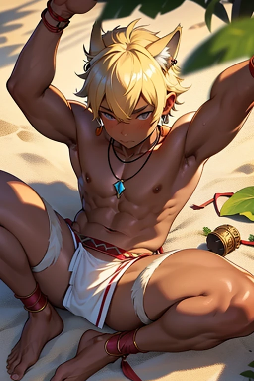 A boy in a tight green sleeveless turtleneck shirt、On her head she wears a golden tiara. Wear a green diamond necklace Wear a gold bracelet or anklet. Wearing gold jewelry、Wear a green cape on your back.(erection),(ペニスをerectionさせる),