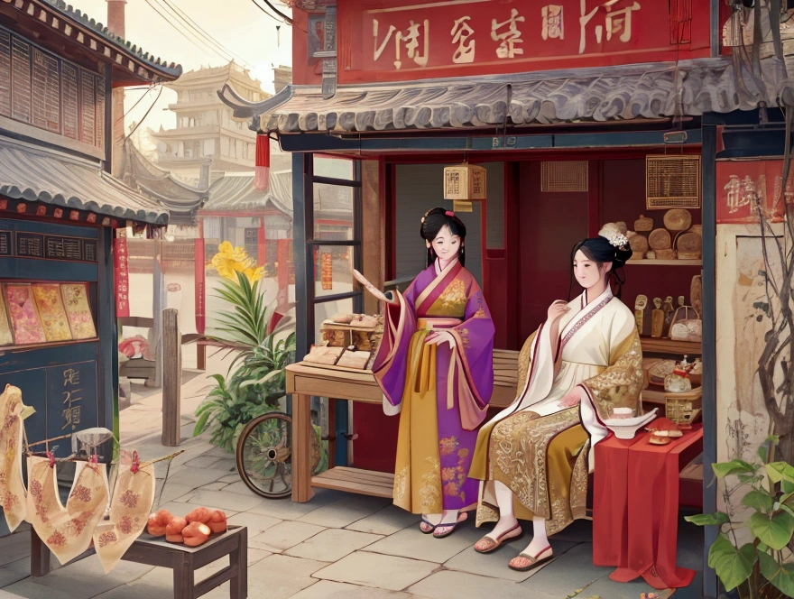 llustration style, sunset in a bustling Tang Dynasty street. The baker and his wife stand by their stall. The baker, around 30 years old, thin and haggard, with dark, rough skin from years of hard work, wears a simple, yellowish-brown Tang-style cloth robe, a plain cloth belt, and straw sandals. His wife is very fair and beautiful, with soft features, dressed in a modest Tang Dynasty long dress, her hair simply yet elegantly styled. Ning Wang, standing in the distance, around 40 years old, tall and imposing, with a handsome but somber face, wears a dark purple Tang Dynasty noble robe embroidered with golden dragon patterns, a golden jade-embedded belt, and gazes coldly at the baker's wife. Framing: A medium-wide shot with Ning Wang on the left side and the baker and his wife on the right, bathed in the soft light of the setting sun