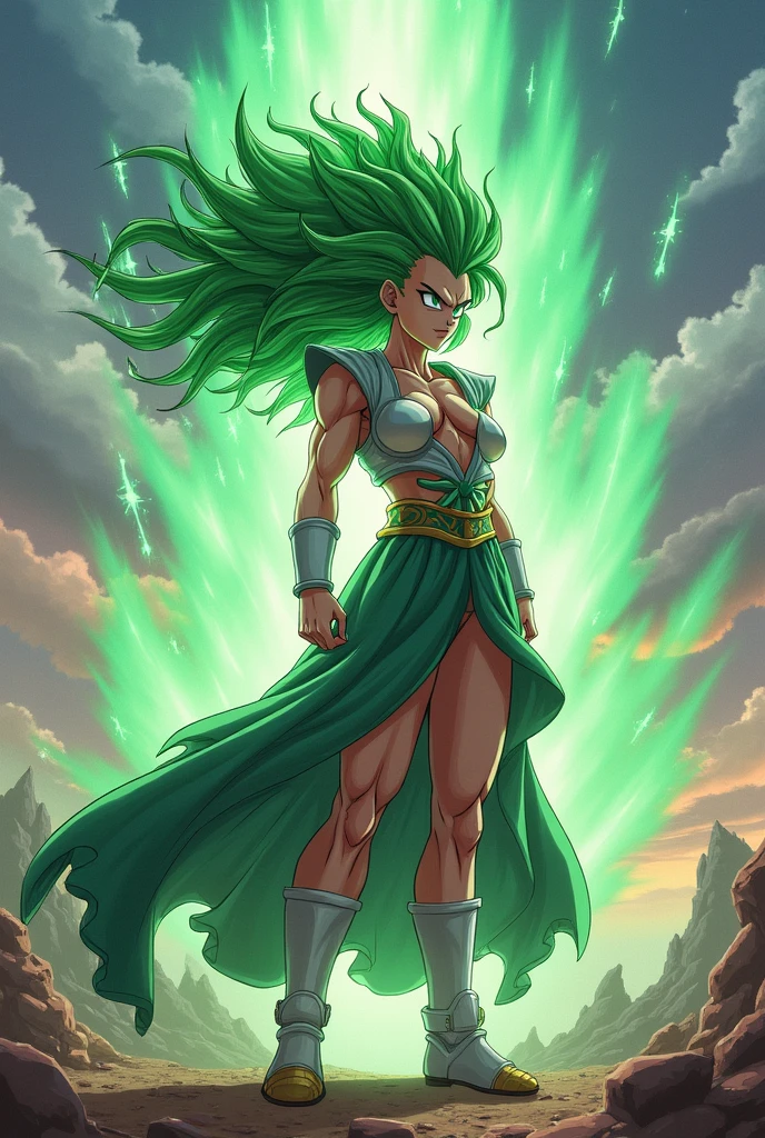 A kale de Dragon Ball se eleva majestosamente, com uma aura de energia dourada emanando de seu corpo. Seus cabelos longos e negros caem ondulados pelas costas, contrastando com seus olhos verdes brilhantes, que parecem refletir o poder interior que ela possui. Your muscles are tense and defined, showing off his legendary strength and endurance. In his right hand, ela segura uma bola de energia, ready to launch-la with devastating precision. Ao seu redor, The ground is cracked and raised by the impact of the battle, Showing the incredible power that Kale possesses. The Barren, The desolate scenery in the background only serves to further highlight the imposing presence of the legendary Super Sayajin. --auto --s2