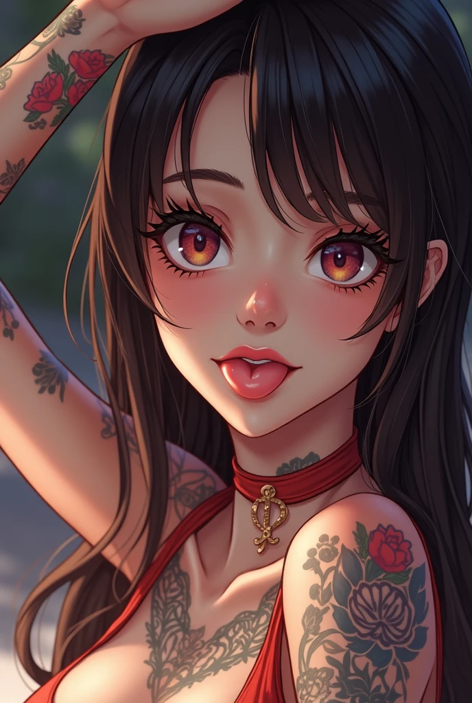 Amazing portrait of a sexy woman with her hair tied in two pigtails with her eyes emphasised by smokey eyeliner gazing at us seductively with her perfect lips in a mischievous smile wearing a tight red crop top showcasing her medium chest and a black skirt with black fishnet leggings showing her voluptuous body