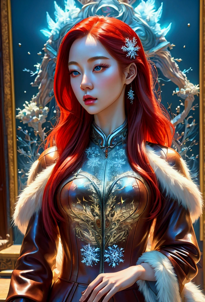 (Best Quality, Masterpiece: 1.4), (Realism: 1.2), (Surrealism: 1.2), (Absurdity: 1.2), (Photorealism: 1.3), Realistic Skin, Hunter Girl in Snowflake Pose, Asian, Snowflake, Blade and Soul, Long Red Hair, Leather and Fur Coat, Cold, Artwork, Stereoscopic 4K, Detail, Photorealism