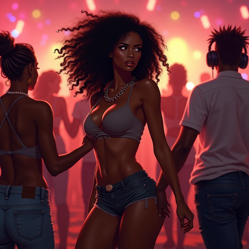 high quality of details, Draw a crowd of black people standing, drinking and dancing at night. They are groups of friends, side-by-side, everyone happy and enjoying a night show with lights in the background. In the foreground, highlight six people dancing together, with realistic details in the eyes of several other people at the party, good quality