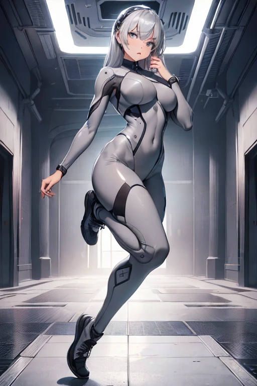 (masterpiece, 1 girl, stunning, cute, impressive, absurdres, highres, hands on hip), detailed face, detailed eyes, ((futuristic grey skin suit, fit, beautiful)), full body view, professionally made, cover art，(((full body)))，foot sneakers，sexy，sexy girl，((Business))，((do the splits)),((Soles))