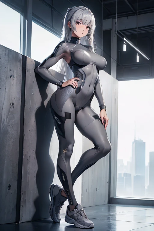 (masterpiece, 1 girl, stunning, cute, impressive, absurdres, highres, hands on hip), detailed face, detailed eyes, ((futuristic grey skin suit, fit, beautiful)), full body view, professionally made, cover art，(((full body)))，foot sneakers，sexy，sexy girl，((Business))，((do the splits)),((Soles))