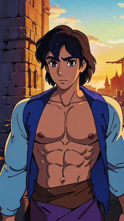 (a man as aladdin), (extremely detailed CG unit 8k wallpaper),(master part), (best quality), (ultra detail), (best illustration),(ghibli style), cowboy shot,(Sharp eyeliner, ombre, detailed eyes:1),Arabian castle interiors GHIBLI_Background,break,upper body