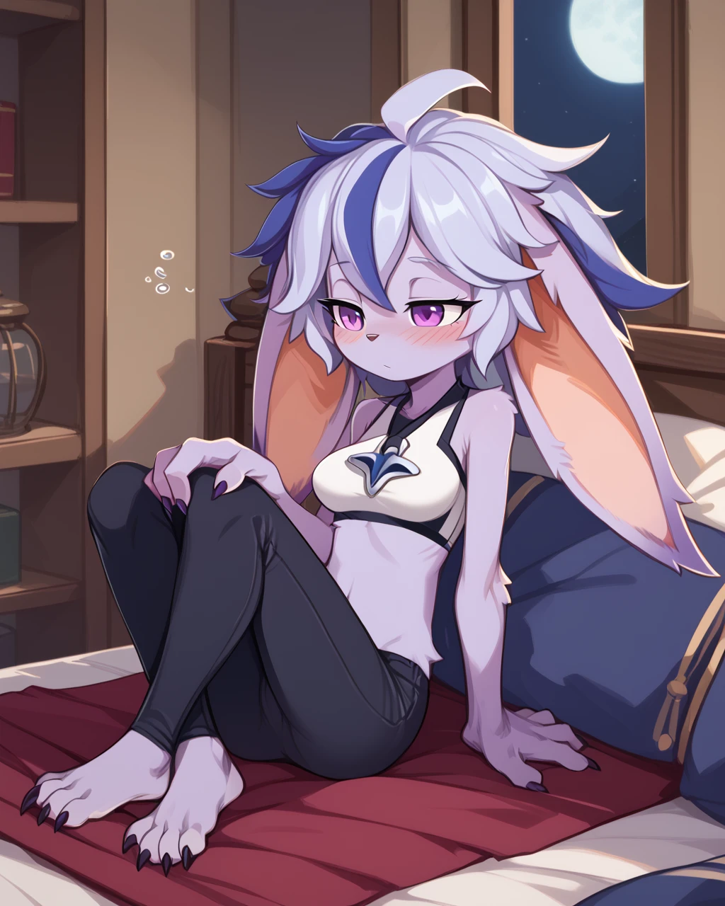 score_9, score_8_up, score_7_up, best quality, masterpiece, (absurdly high resolution:1.4), (short, diminutive, smol), yordle, (humanoid, light purple skin, purple eyes, (long ears, horizontal ears), long horizontal yordle ears, claws, feminine), barefoot, cute, adorable, slim, thin, (hair, fluffy hair,), large breasts, sleepy expression, blush lines, submissive), solo, isekai, journey to the west