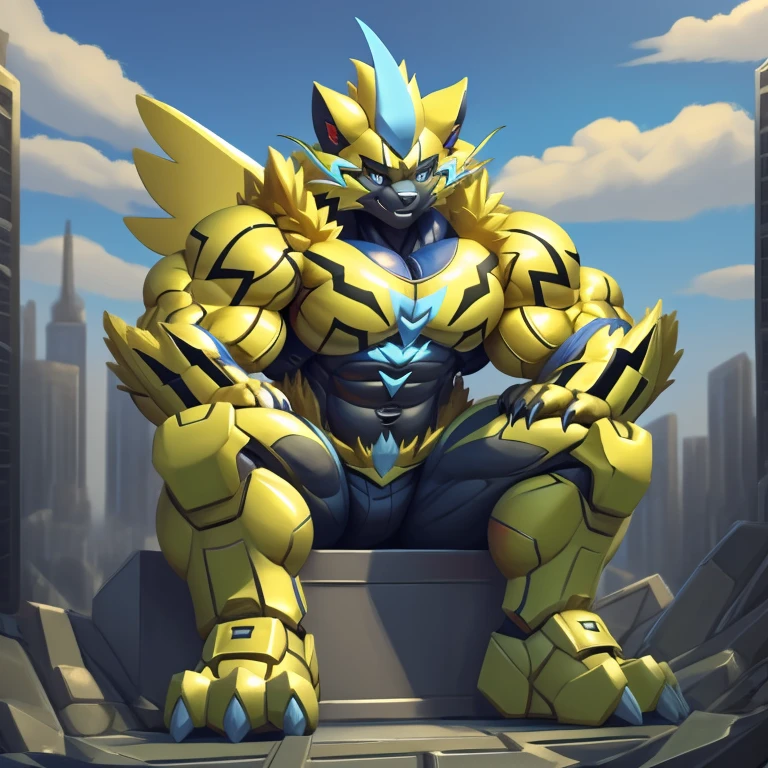 (zeraora, 8K), (zeraora's giant robot, Powered exoskeleton with the same design as zeraora), (Masterpiece, highres) (Detailed head, Detailed Body, Detailed abs, full body) (gigantic muscles, Gigachad Muscular, big muscle, pecs, triceps, traps, unusually developed muscular body, body full of huge muscles. showing off muscles, pectorales enormes, Exaggeratedly huge muscles.) (nj5furry, The claws are sharp, Sharp teeth, sharp claws), (long legs), (Spread wings, It has wings, have big wings, golden wings), (Wrestling, wrestler, the bodybuilding), (It has wings, whole body shines like metal, Wearing cyberpunk mecha, emphasizes the muscles, suit fully made of metal, intricate armor, Robotic suit, suit fully made of metal, cyborg), menacing pose, sitting on the throne, An arrogant expression. destroying city. BULK UP.