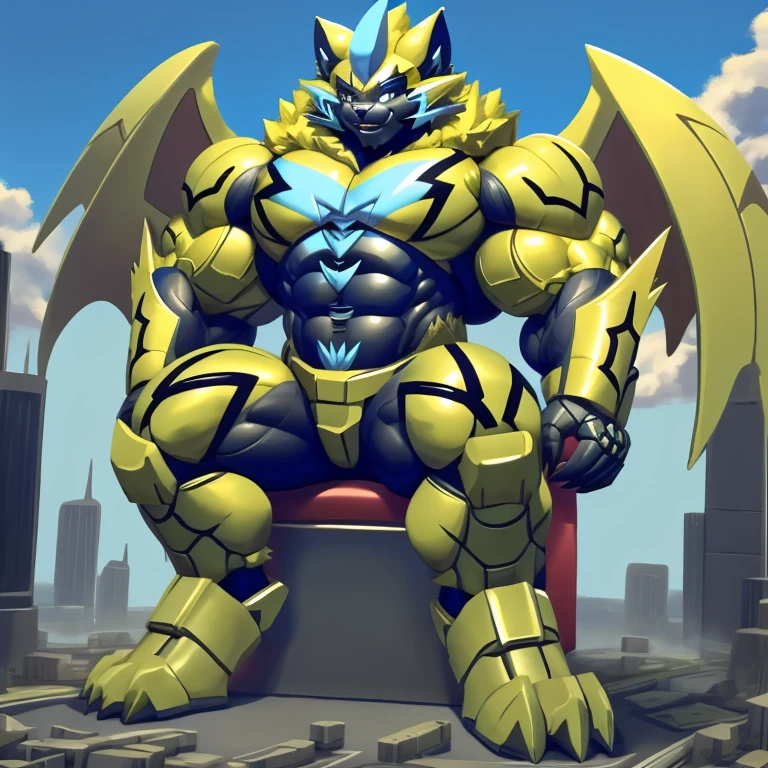 (zeraora, 8K), (zeraora's giant robot, Powered exoskeleton with the same design as zeraora), (Masterpiece, highres) (Detailed head, Detailed Body, Detailed abs, full body) (gigantic muscles, Gigachad Muscular, big muscle, pecs, triceps, traps, unusually developed muscular body, body full of huge muscles. showing off muscles, pectorales enormes, Exaggeratedly huge muscles.) (nj5furry, The claws are sharp, Sharp teeth, sharp claws), (long legs), (Spread wings, It has wings, have big wings, golden wings), (Wrestling, wrestler, the bodybuilding), (It has wings, whole body shines like metal, Wearing cyberpunk mecha, emphasizes the muscles, suit fully made of metal, intricate armor, Robotic suit, suit fully made of metal, cyborg), menacing pose, sitting on the throne, An arrogant expression. destroying city. BULK UP.