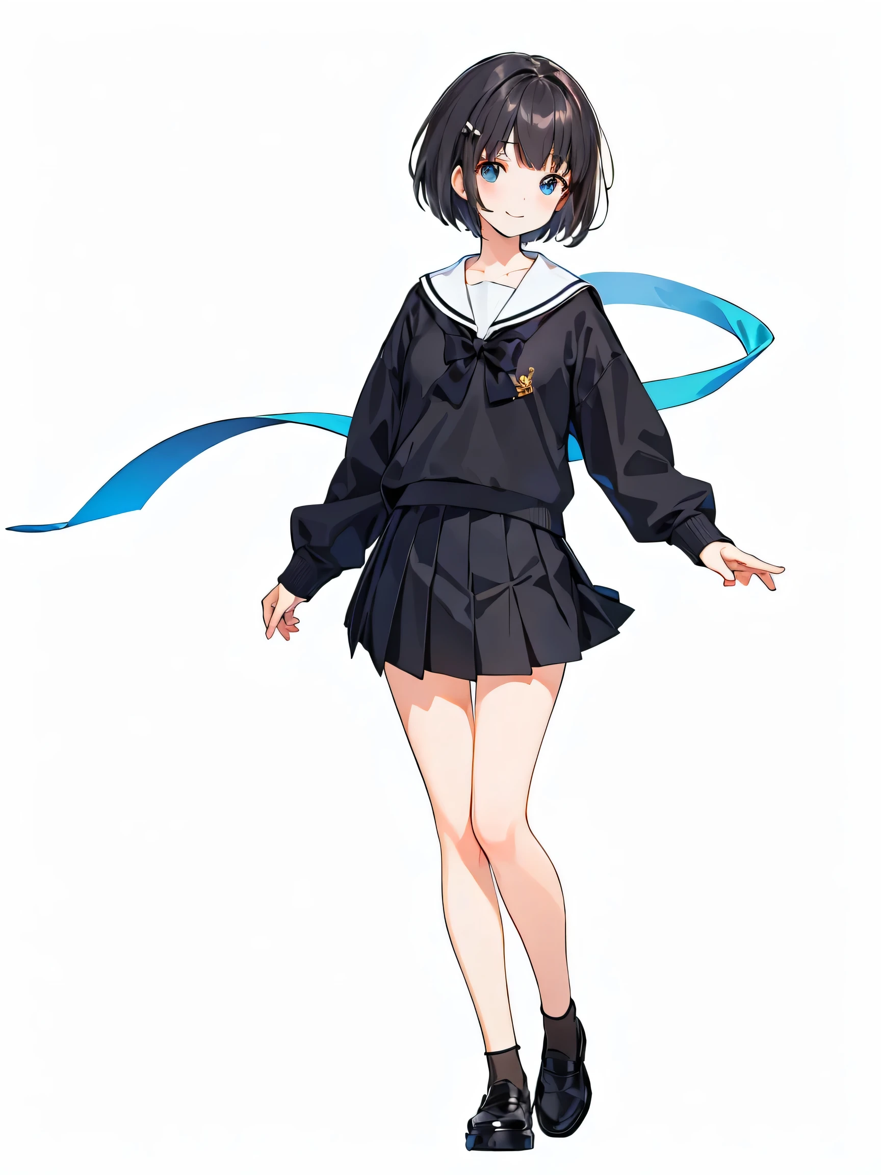 Full body ,dynamic Standing ,(realistic:1.37)、Full body ,(Masterpiece), ((((best quality))) , (((very detailed))) , (((Masterpiece))) , 1 girl, cute, , smile, Look at the viewer., JK, 1 girl, alone, short hair, look at viewer, skirt, shirt, black hair, gag, Black sweater, pleated skirt, black skirt, upper body, Black Bow, , Seifuku, photograph, realistic, best quality, hired, detailed face, Detailed background, depth of field, Bokeh , white background , (Full body:1.5), Blank white background, (white background), Transparent background, looking down, ((masterpiece, illustration, best quality))