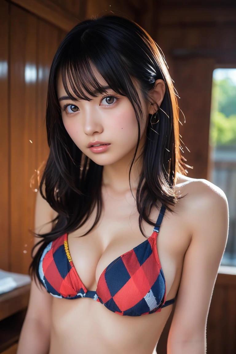 (((masterpiece))), Best Quality, Very detailed, Detailed Background, very beautiful girl, Japanese, ,  Detailed face, bangs, (whole body:1.3), (Random hairstyle :1.2), (Young Face), (Perfect body:1.1), blouse, summer, In 8K, wallpaper, wonderful, finely, Very detailed, Ultra-high resolution, Very detailed, Pure erotic face, Very detailed目と顔, Beautiful and sophisticated eyes, Very detailed肌, ((Bold Bikini)), No makeup, (Natural Skin), Cowboy Shot、のbeautiful girl、beautiful girl,((Upper Body:1.3))