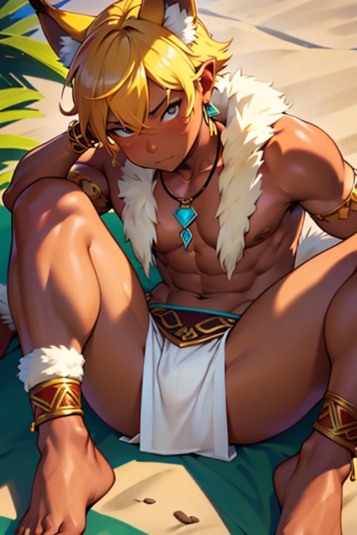 From above、Barbarian、 short hair、Accessories on the ankle、Wolf ears、Wearing an ivory necklace、tribe、Wearing a loincloth、foot、開foot、Close-up of legs、Dark brown skin、Sunburn、shiny、Earrings、juvenile、Age 15、Fur decoration、With legs apart