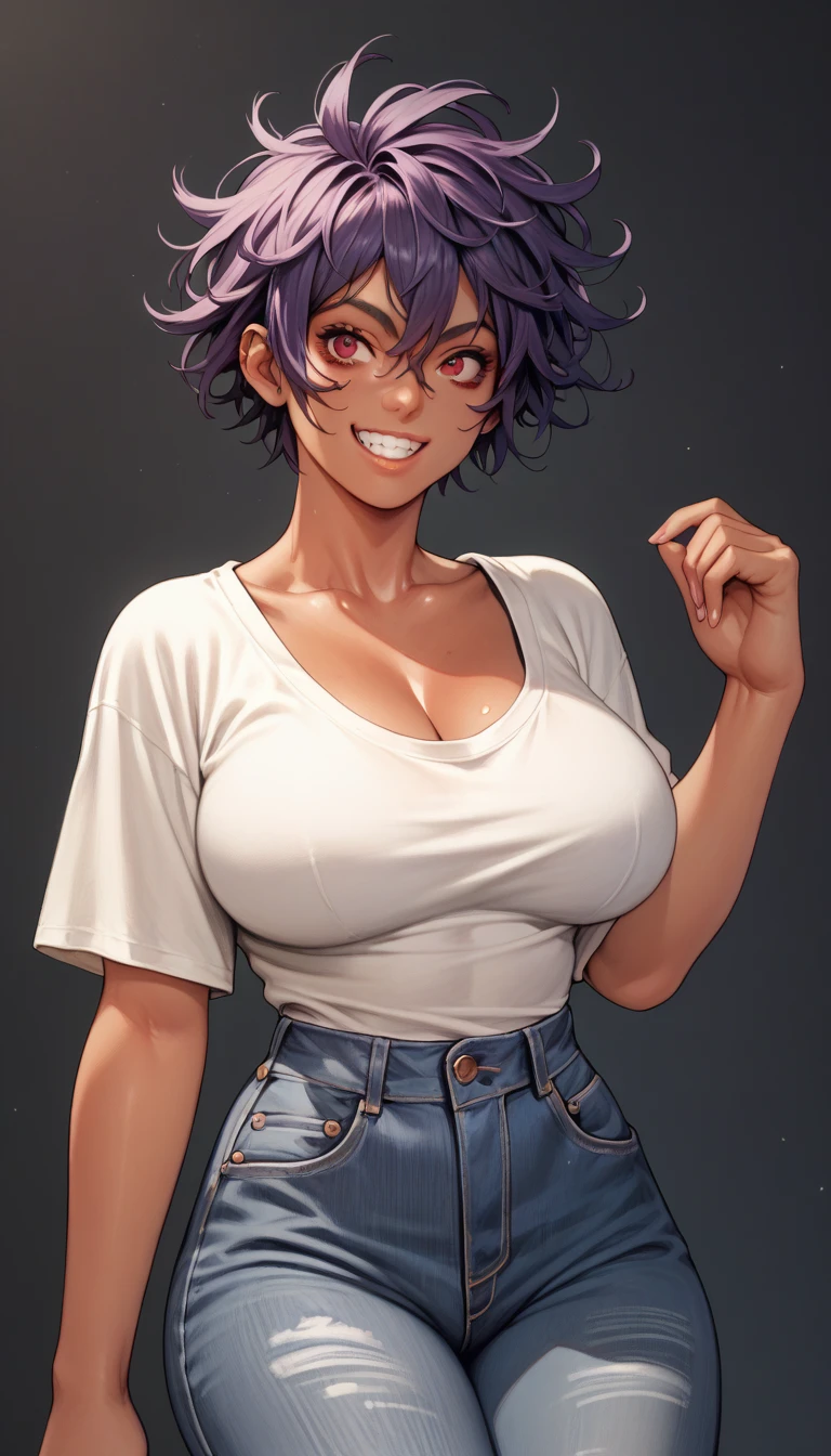 (masterpiece),(best quality), 1girl, short hair, purple hair, messy hair, red eyes, grin, dark skin:1.4, (one-piece swinsuit), (Jeans) pants, huge breasts,