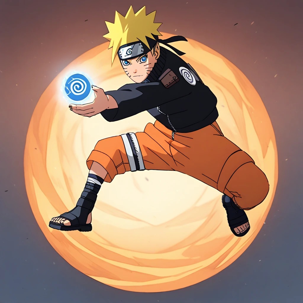 1boy, naruto uzumaki, Naruto Shippuden, Colored_NarutoManga_ownwaifu, looking at viewer, blonde hair, blue eyes, facial mark, forehead protector, full body, jacket, konohagakure symbol, male focus, rasengan , sandals, short hair, solo, short hair, spiked hair, toeless footwear , whisker markings, amazing background, masterpiece, best quality, very aesthetic, newest