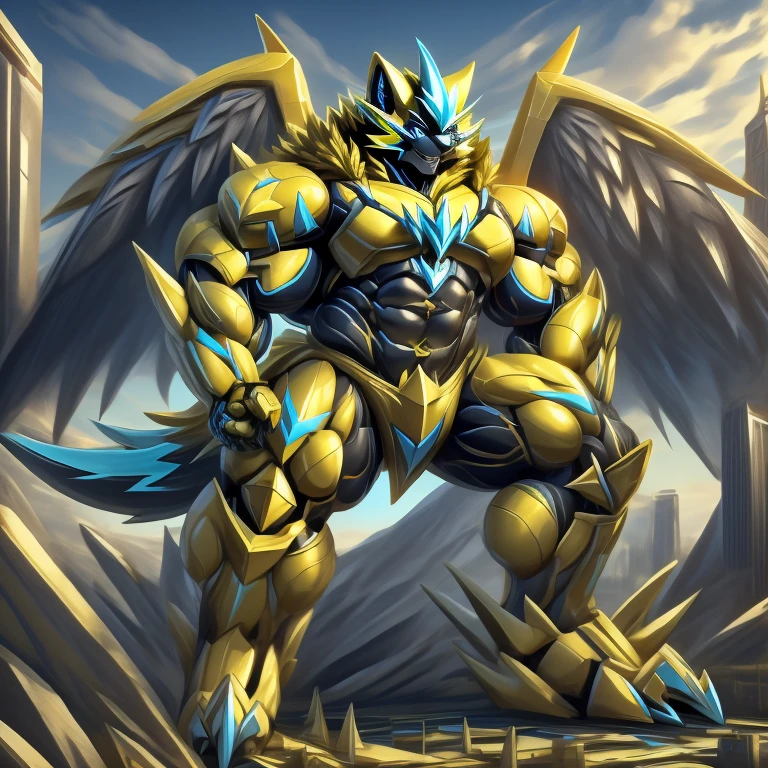 (zeraora, 8K), (zeraora's giant robot, Powered exoskeleton with the same design as zeraora), (Masterpiece, highres) (Detailed head, Detailed Body, Detailed abs, full body) (gigantic muscles, Gigachad Muscular, big muscle, pecs, triceps, traps, unusually developed muscular body, body full of huge muscles. showing off muscles, pectorales enormes, Exaggeratedly huge muscles.) (nj5furry, The claws are sharp, Sharp teeth, sharp claws), (long legs), (Spread wings, It has wings, have big wings, golden wings), (Wrestling, wrestler, the bodybuilding), (It has wings, whole body shines like metal, Wearing cyberpunk mecha, emphasizes the muscles, suit fully made of metal, intricate armor, Robotic suit, suit fully made of metal, cyborg), menacing pose, sitting on the throne, An arrogant expression. destroying city. BULK UP.