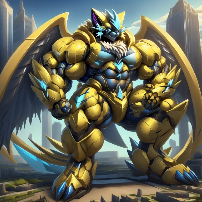 (zeraora, 8K), (zeraora's giant robot, Powered exoskeleton with the same design as zeraora), (Masterpiece, highres) (Detailed head, Detailed Body, Detailed abs, full body) (gigantic muscles, Gigachad Muscular, big muscle, pecs, triceps, traps, unusually developed muscular body, body full of huge muscles. showing off muscles, pectorales enormes, Exaggeratedly huge muscles.) (nj5furry, The claws are sharp, Sharp teeth, sharp claws), (long legs), (Spread wings, It has wings, have big wings, golden wings), (Wrestling, wrestler, the bodybuilding), (It has wings, whole body shines like metal, Wearing cyberpunk mecha, emphasizes the muscles, suit fully made of metal, intricate armor, Robotic suit, suit fully made of metal, cyborg), menacing pose, sitting on the throne, An arrogant expression. destroying city. BULK UP.