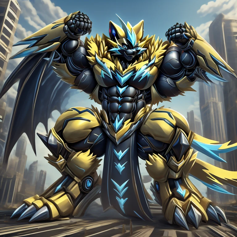 (zeraora, 8K), (zeraora's giant robot, Powered exoskeleton with the same design as zeraora), (Masterpiece, highres) (Detailed head, Detailed Body, Detailed abs, full body) (gigantic muscles, Gigachad Muscular, big muscle, pecs, triceps, traps, unusually developed muscular body, body full of huge muscles. showing off muscles, pectorales enormes, Exaggeratedly huge muscles.) (nj5furry, The claws are sharp, Sharp teeth, sharp claws), (long legs), (Spread wings, It has wings, have big wings, golden wings), (Wrestling, wrestler, the bodybuilding), (It has wings, whole body shines like metal, Wearing cyberpunk mecha, emphasizes the muscles, suit fully made of metal, intricate armor, Robotic suit, suit fully made of metal, cyborg), menacing pose, sitting on the throne, An arrogant expression. destroying city. BULK UP.