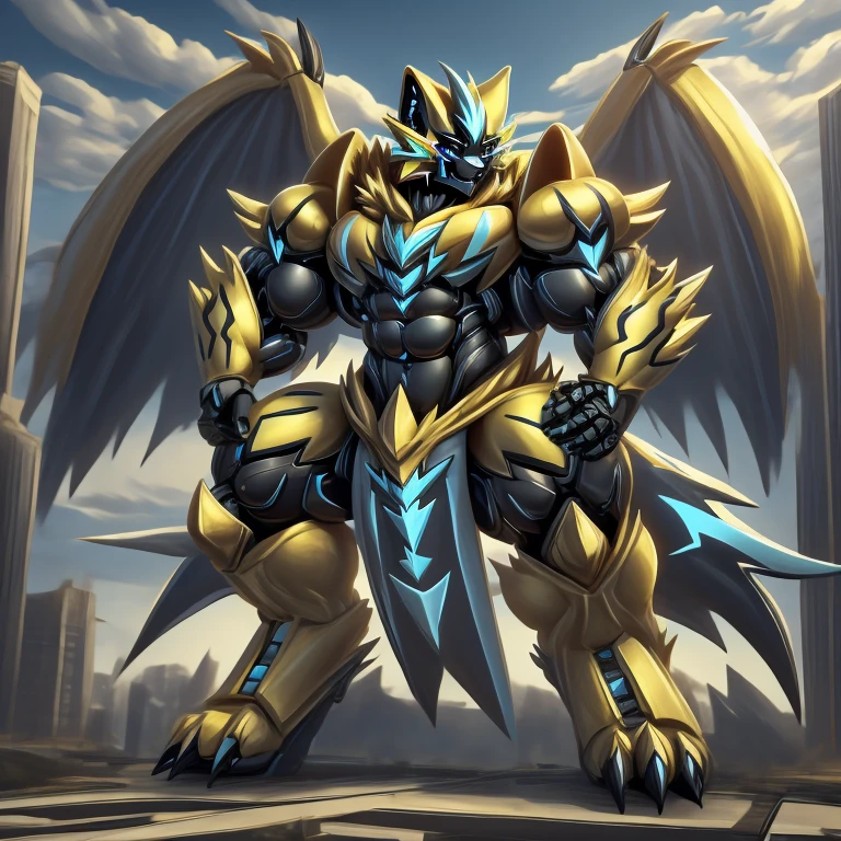 (zeraora, 8K), (zeraora's giant robot, Powered exoskeleton with the same design as zeraora), (Masterpiece, highres) (Detailed head, Detailed Body, Detailed abs, full body) (gigantic muscles, Gigachad Muscular, big muscle, pecs, triceps, traps, unusually developed muscular body, body full of huge muscles. showing off muscles, pectorales enormes, Exaggeratedly huge muscles.) (nj5furry, The claws are sharp, Sharp teeth, sharp claws), (long legs), (Spread wings, It has wings, have big wings, golden wings), (Wrestling, wrestler, the bodybuilding), (It has wings, whole body shines like metal, Wearing cyberpunk mecha, emphasizes the muscles, suit fully made of metal, intricate armor, Robotic suit, suit fully made of metal, cyborg), menacing pose, sitting on the throne, An arrogant expression. destroying city. BULK UP.