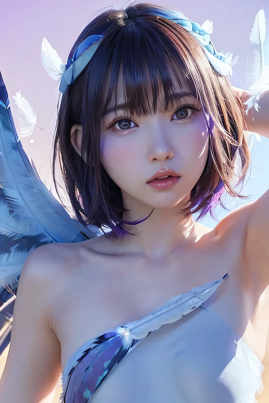 girl in,Delighted,a small face,full body Esbian,Dark eyes,((Floating in the sky)),Luminous,((Blue sky)),(((fullnude))),((Feathers fluttering)),((large white wings)),((Innocence)),((Unclear)),silver hair,short hair