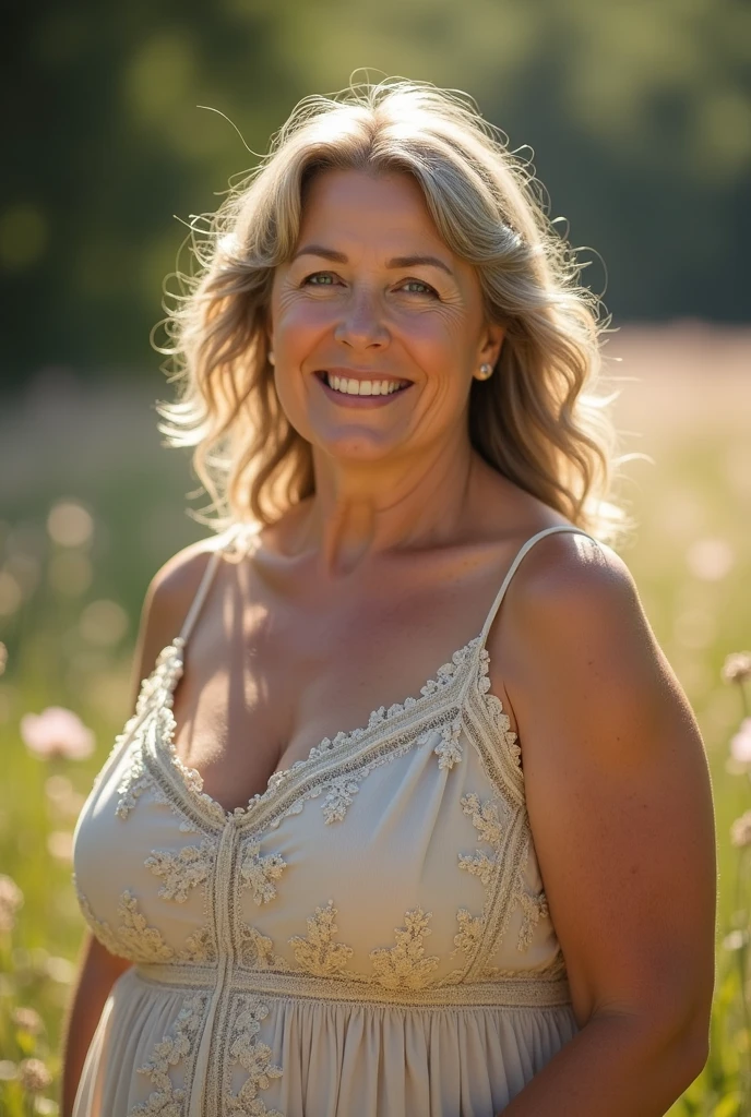 (from below:1.4), (best quality, masterpiece, highest detailed), (photorealistic:1.2), (detailed light:1.2), (Realistic skin texture:1.4), raw photo, beautiful elderly woman, 45 years old, blonde, slim build, large breasts, fully nude, posing in a field of flowers, smile, looking at the viewer, sunlight passing through her hair, (wet)