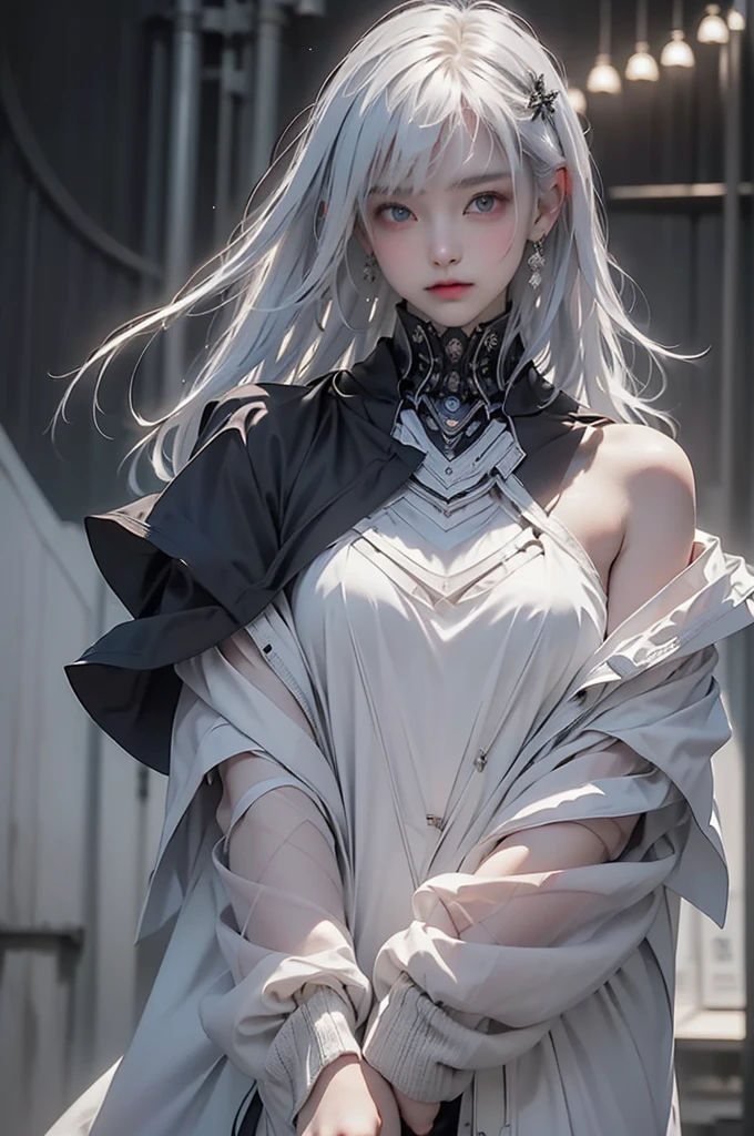 、masterpiece:1.5, bestquality, 1girl, classic girl, classic, white hair, black clothing, Mechanical Accessories, Mechanical decoration、A face with cold beauty、Cold Face、Beautiful shoulders、Solemn atmosphere、from the front:1.5、small breasts, beautiful eyes, Heavy cloak、Spread your arms、backlighting.
