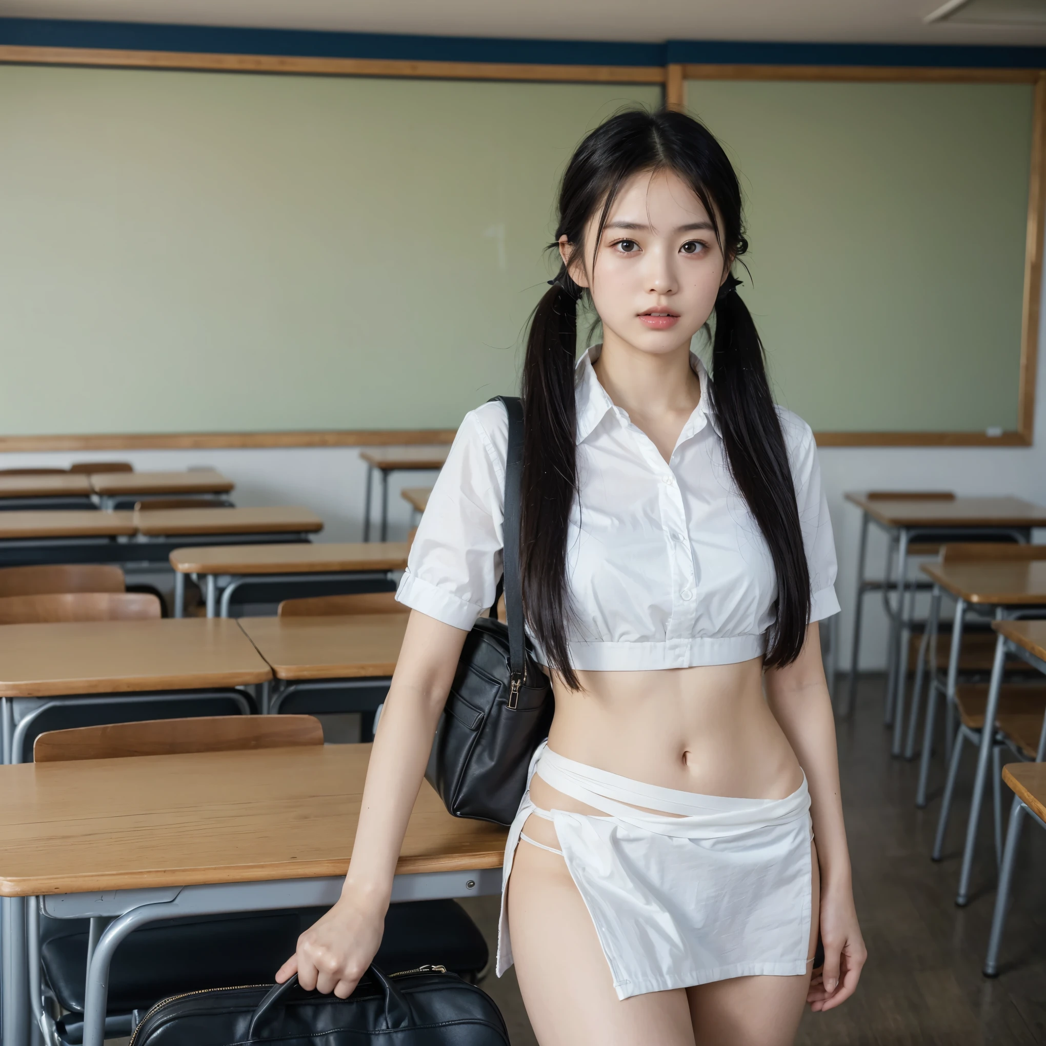 Japanese、High school girl, ((Group of four)), 1、Beautiful Face、(Best Quality:1.4),(masterpiece:1.4),(Realistic:1.4),(Realistic:1.2),(超High resolution, RAW Photos:1.4),(High resolution, Very detailed:1.2),(32K:1.2),(Realistic skin texture), Movie Photos,Photo of black hair in twin tails,One Girl,Alone,Wear a blouse ,((Pure white ultra-thin loincloth))、Showing off her thighs、Old wooden school、classroom、School bag、Taking off the uniform、blackboard、Graduation commemorative photo、