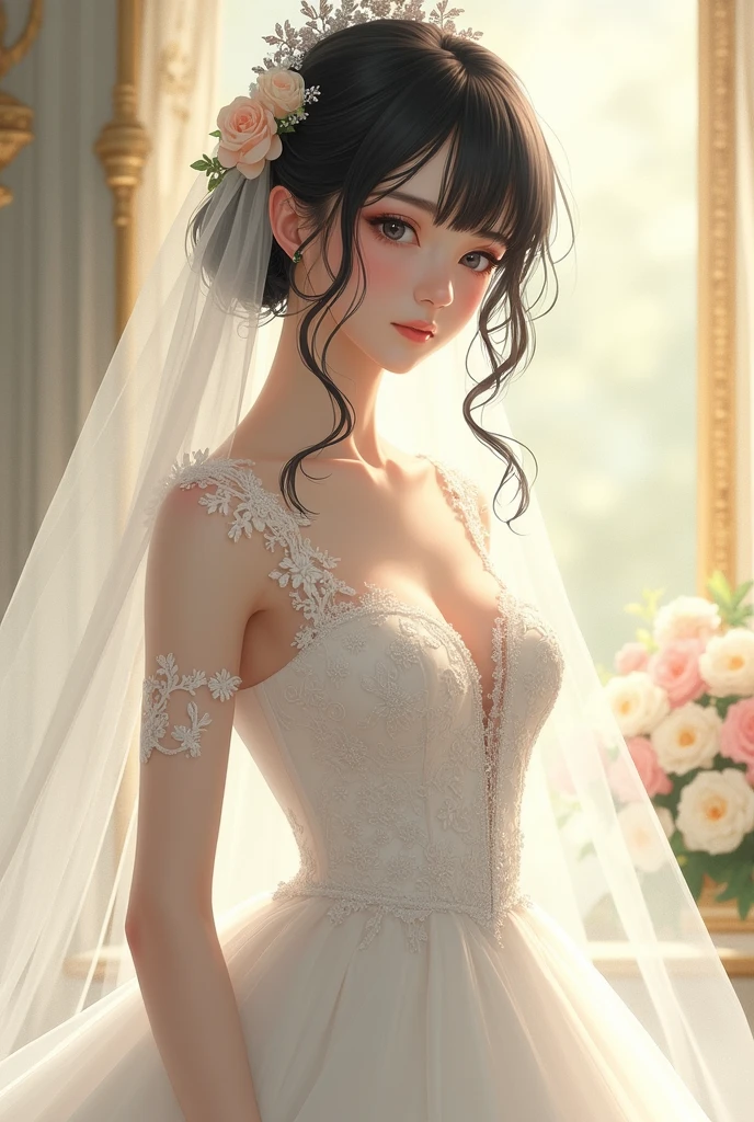 good hand,4k, high-res, masterpiece, best quality, head:1.3, (Korean K-pop idol), finely detailed skin, sharp focus, (cinematic lighting), collarbone, morning, soft lighting, dynamic angle, [:(detailed face:1.2):0.2], full body,Wedding，Wedding Dress，