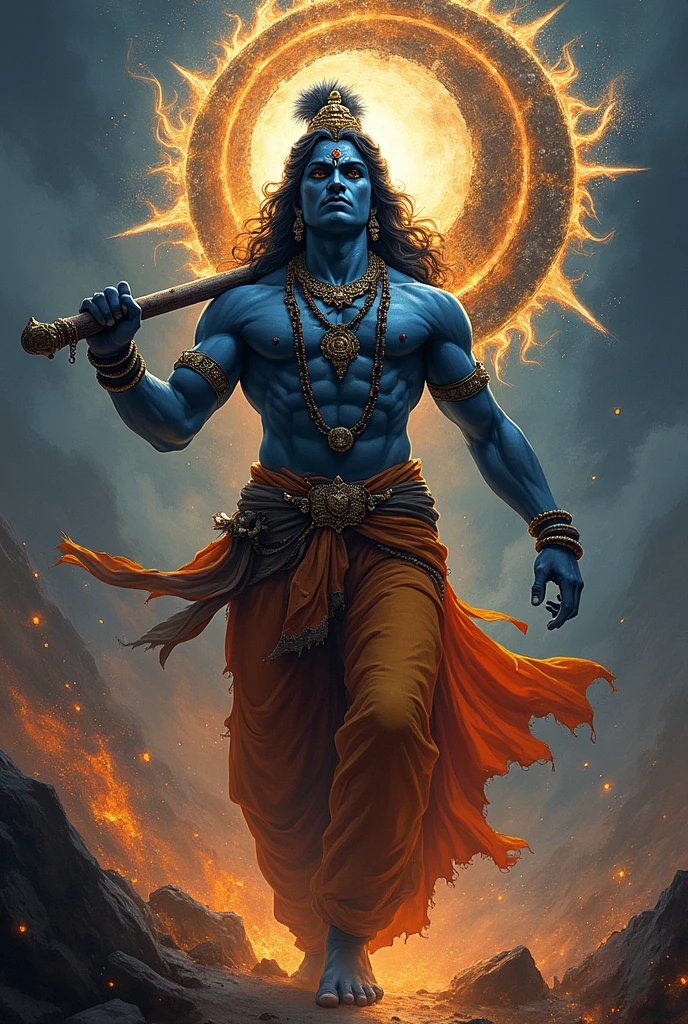 Krishna lifting chariot wheel horizontally like sudarshan chakra with anger