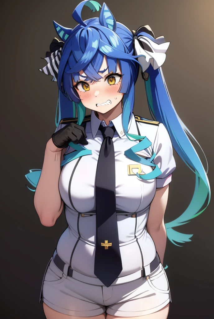 Score_9,score_8_up,score_7_up,solo,1girl,half-closed eyes,long hair,blue hair, small breasts,cleavage,sweat,blush,looking at viewer,seductive smile,colored eyes,military hat,white uniform,holding book,cartoonized,too many hearts,graffiti,blue theme,gradient background,